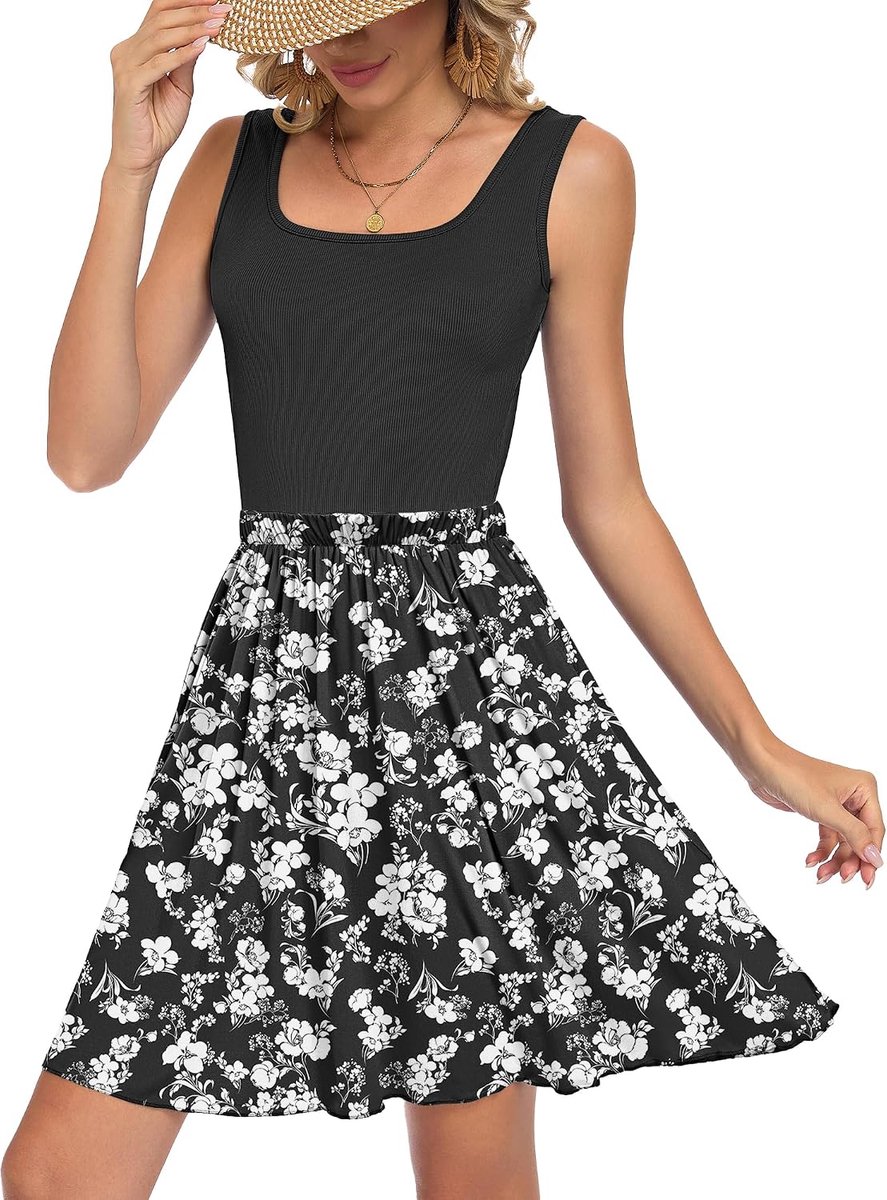 Mouwloze zomerjurk dames bloemen swing jurk A-lijn vakantie mini-jurk kleur patchwork met U-hals en zakken