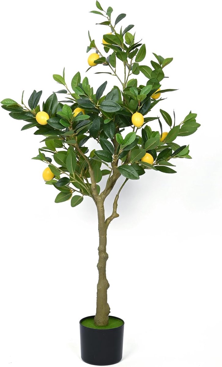 Kunstmatige citroenboom, 120 cm, hoogwaardige kunstplanten met 8 citroenen, mediterrane kunstboom met natuurgetrouwe bladeren en citroenen voor badkamer, woonkamer, slaapkamer, balkon