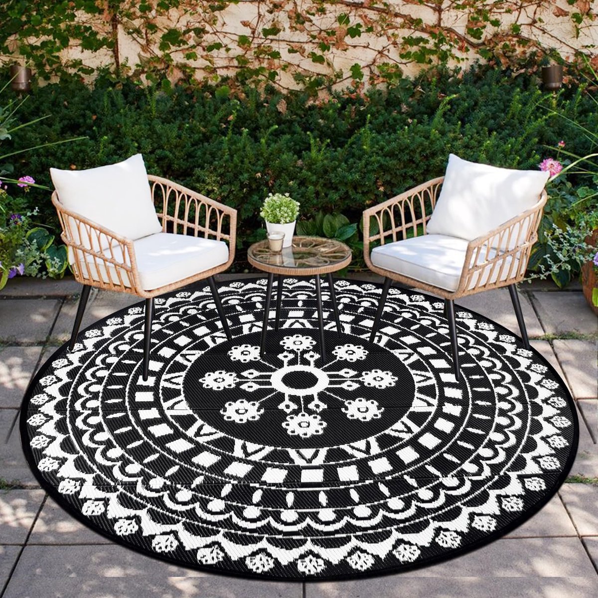 Tapijten Ronde 180cm Waterdicht Outdoor Terras Tapijt Omkeerbaar Picknickmat Draagbaar UV-bestendig Kunststof Rieten Tapijt Binnen Buiten Ronde Vloerkleed voor Tent, RV