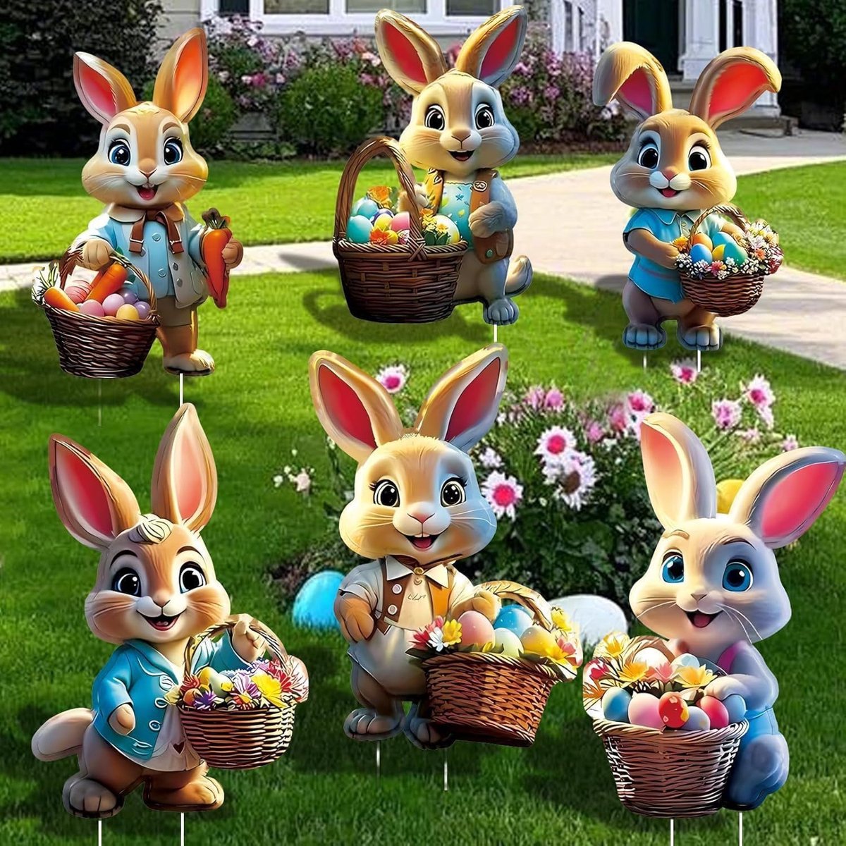 Tuinsteker, 2D reclameborden, paashaas bord voor tuindecoratie, grote paasdecoratie outdoor, paaseieren zoeken, lentedecoratie buiten (35 x 22 cm, 6 stuks)