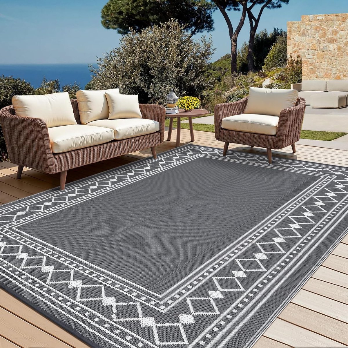 6 x 9 cm, waterdicht, omkeerbaar plastic strotapijt voor terras, modern geometrisch buitentapijt, wasbare duurzame campermat voor veranda, tuin, balkon, strand, grijs