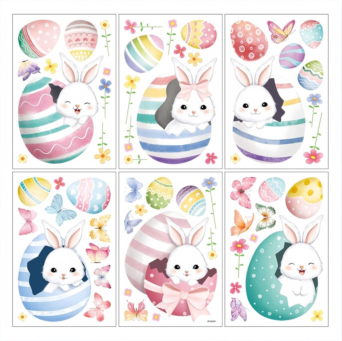 Raamstickers, 6 vellen, 63 stuks decoratie, paasdecoratie, paaseierstickers, paashaasstickers, glasstickers voor de paasdag