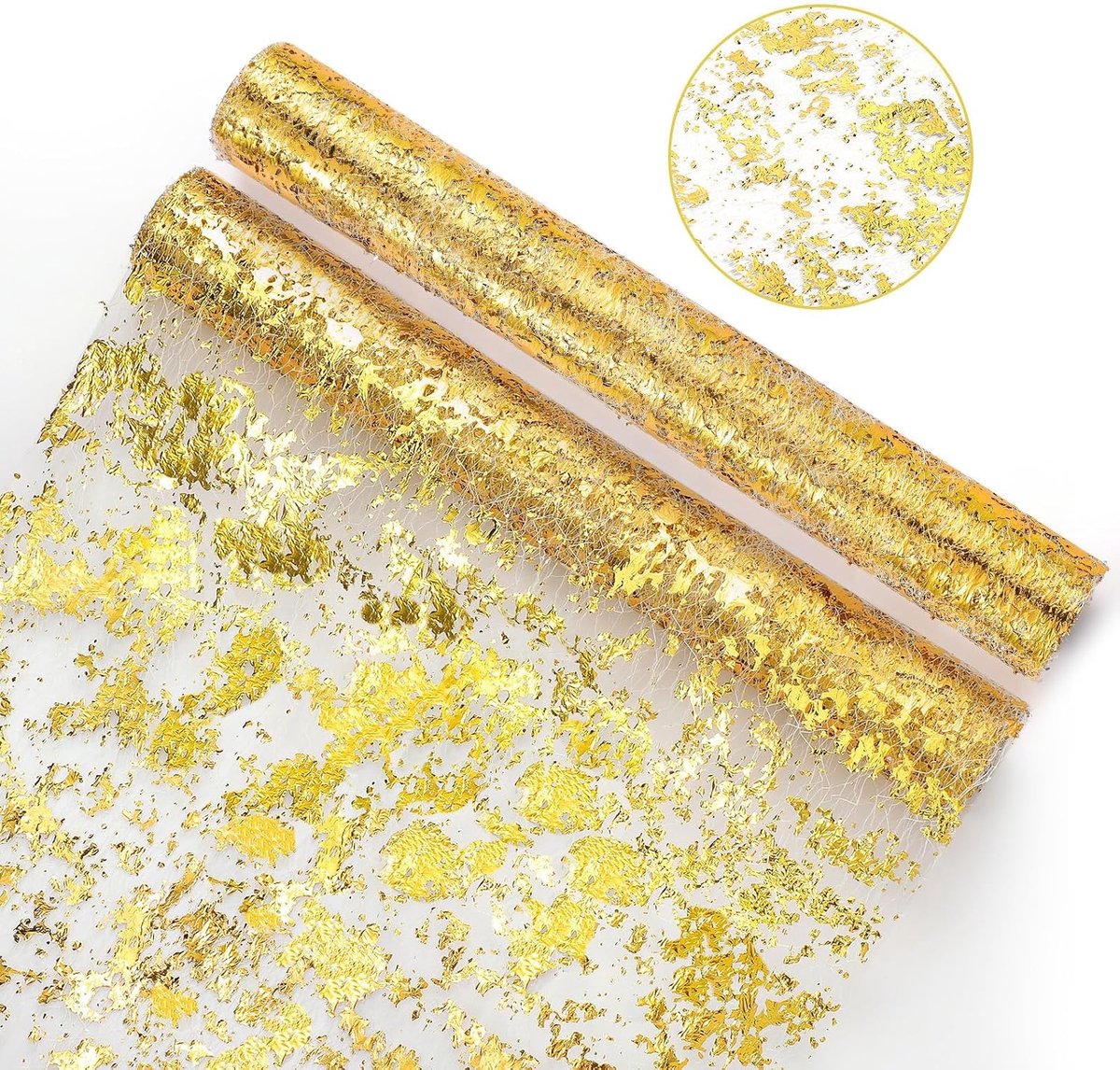 Tafelloper, goud, 2 stuks, 21 x 108 inch, glitter, aluminiumfolie, tule, gouden tafelloper, rol, elegante tafelloper, voor feestjes, bruiloften, banket, doe-het-zelf creativiteit