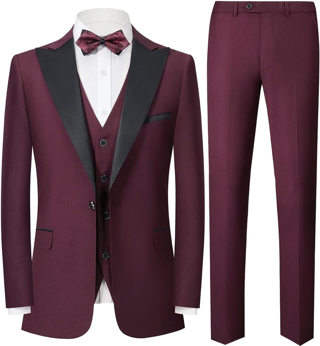 Business herenbanket, gentleman-kostuum, één knop, smoking-kostuum, drie delen (jas + broek + vest), Rood, XXL