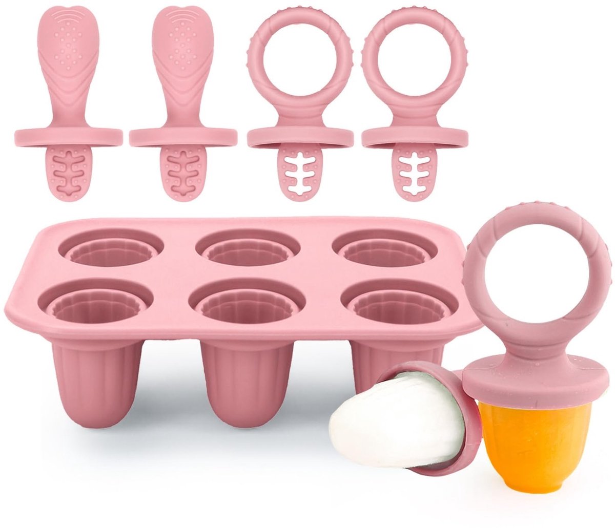 IJsjesvorm voor kinderen - 6 holtes met kunststof stokjes, mini ijsvorm, set voor popsicles (roze)