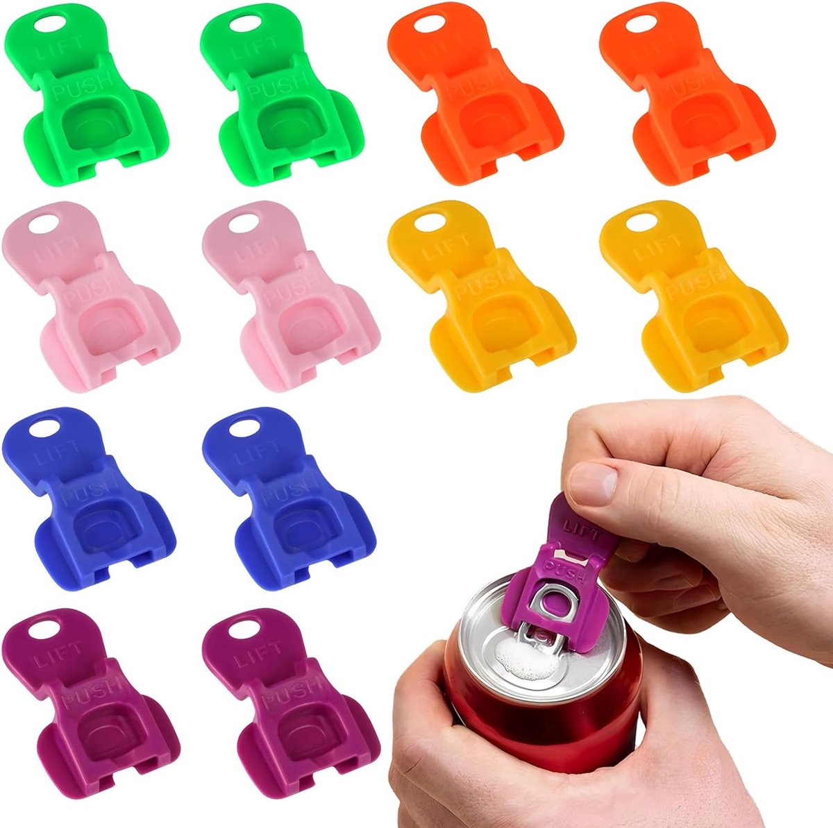 12-delig, 6 kleuren, bliksluiting voor cola-bier, lichte handmatige draaiopener en verzegelaar, bewaardeksel van kunststof (geel, roze, paars, groen, Ora