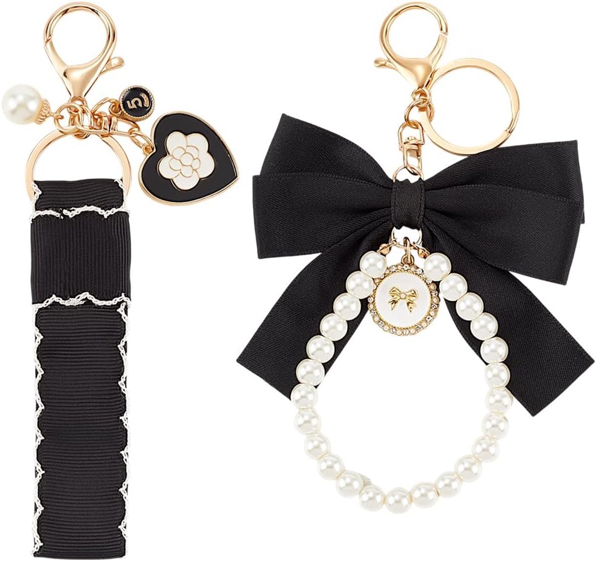 Bowknot Pearl Sleutelhanger Zwart Vrouwen met Polsbandje Lobster Vergrendeling Schattige Tas Charm Keyring Roestvrij Staal Hoop voor Tas Auto Handtassen Draagtas Rugzak Hanger Bow Accessoires