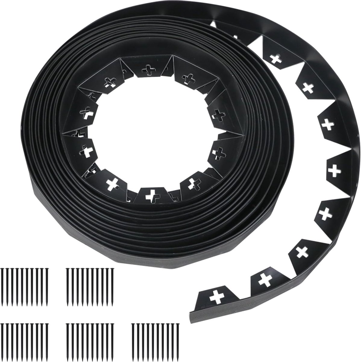 Flexibele gazonrand van pvc, 10 m hoog, 4 cm hoog, met 50 kunststof bevestigingspinnen (kruisgat, 1 stuk)