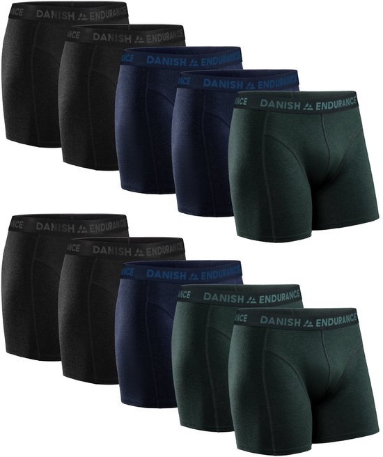 Tien paar Danish Endurance boxershorts in zwart, navy en groen.