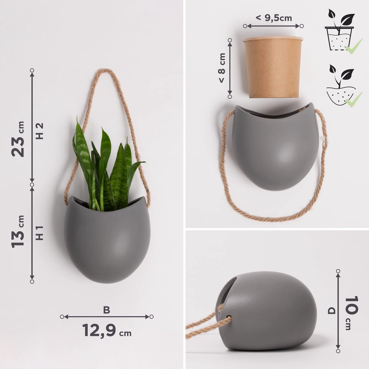 Set van 3 Wand Plantenpotten - Keramische Hangpotten voor Planten - Ellie Design - Muurdecoratie voor Binnen, Balkon & Tuin - Matte Grijze Plantenhouders