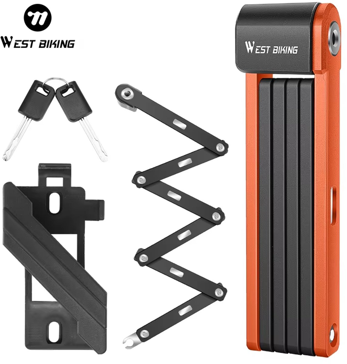 WEST BIKING Opvouwbaar Fietsslot – 80 cm – Gehard Staal – Compact Vouwslot met Houder & 2 Sleutels – Waterbestendig – Fiets, E-bike & Scooter – Oranje