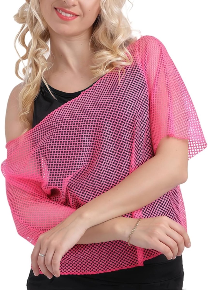 Neon Net Shirt voor Dames - Fluorescente Korte Mouwen T-Shirt voor Retro 80s Disco, Carnaval en Cosplay Feestjes
