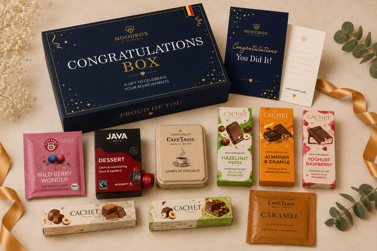 Luxe felicitatiecadeaubox – Belgische chocolade, koffie, thee & lekkernijen – Gepersonaliseerde wenskaart – Moodbox Gifts – Congratulations Box Select