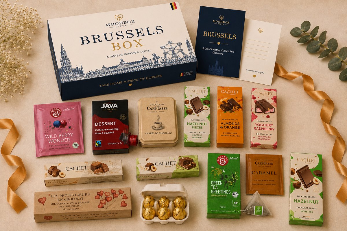 Luxe Brusselse cadeaubox – Belgische chocolade, koffie, thee & lekkernijen – Gepersonaliseerde wenskaart – Moodbox Gifts – Brussels Box Prestige