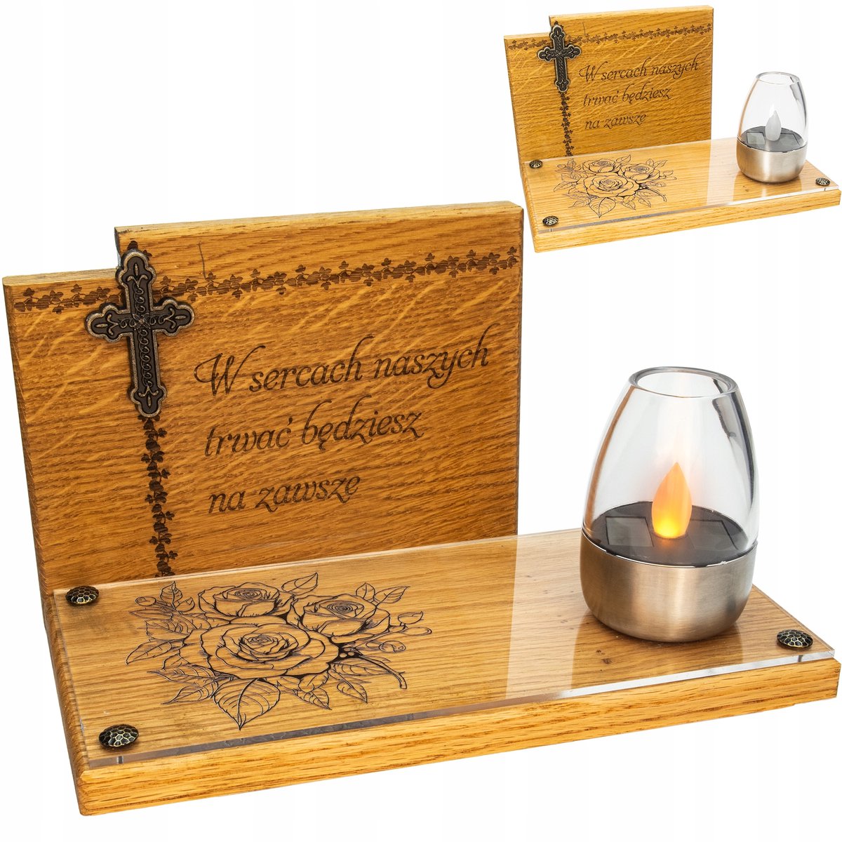 Zonne-energie Grafsteen Lantaarn, Grote Eikenhouten Decoratie
