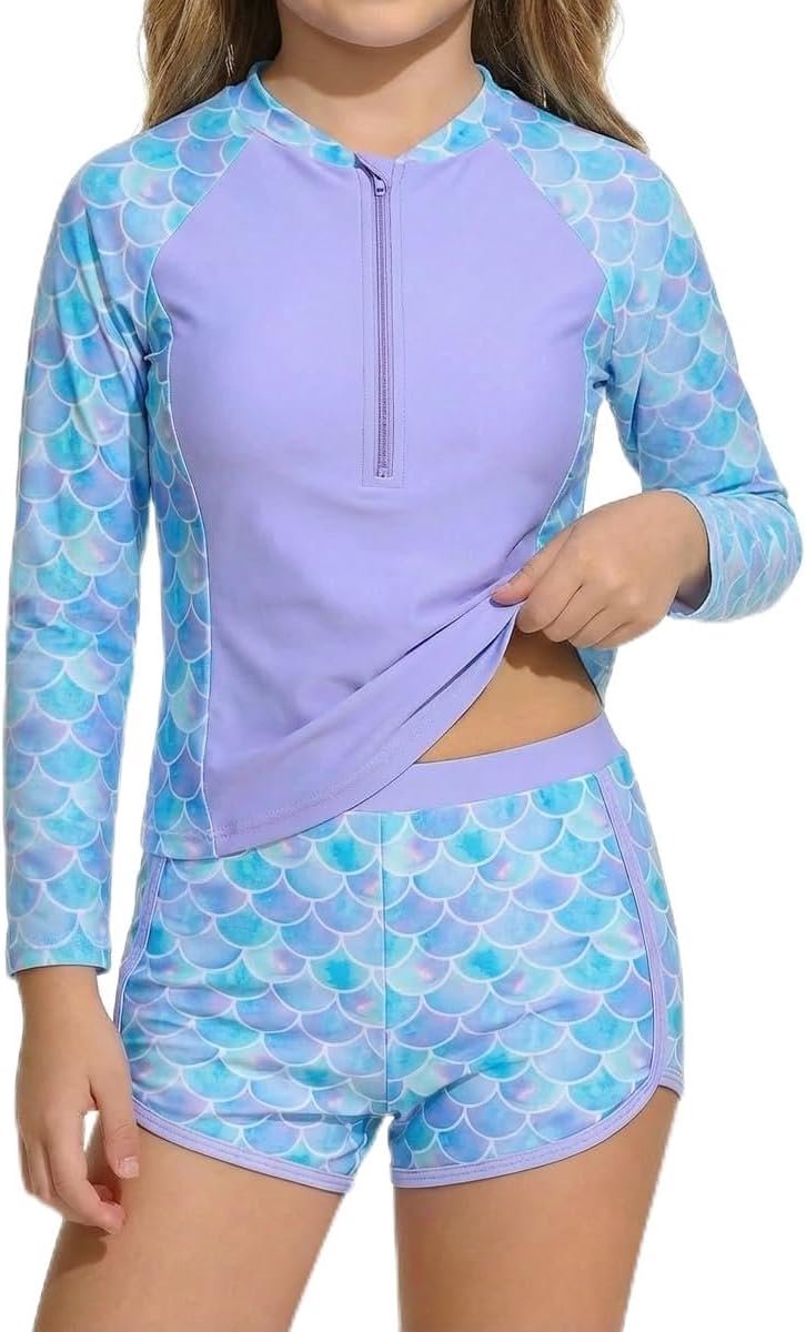 Badpak voor meisjes, tweedelig, lange mouwen, rashguard-set met shorts, halve rits, sportief badpak met print, voor kinderen en meisjes van 3-12 jaar