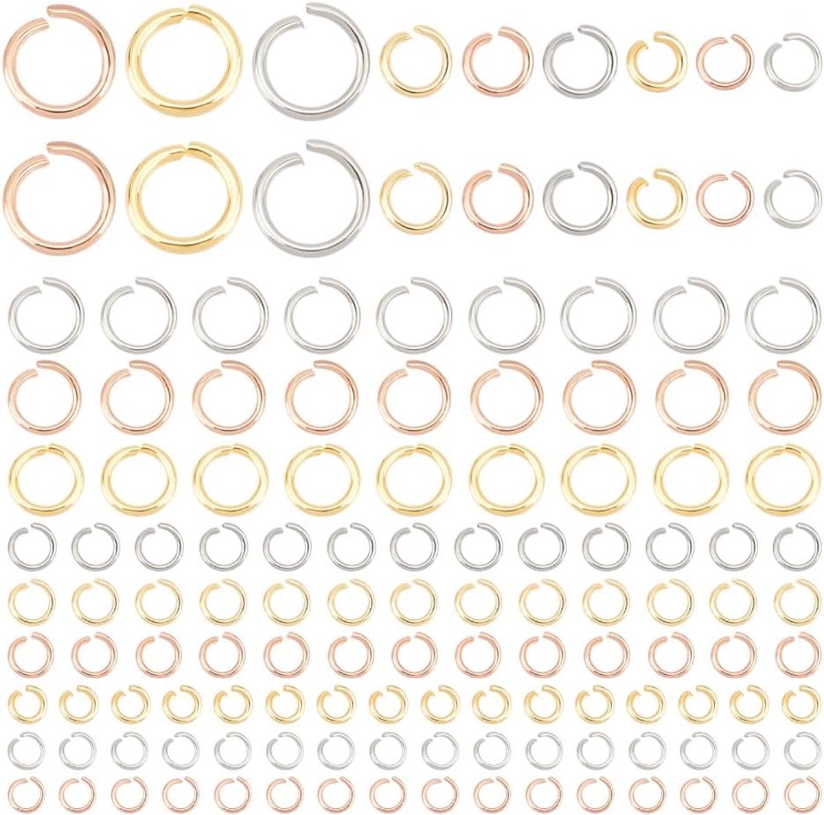 Ongeveer 450 stuks roestvrij stalen springring 18/20/22 gauge gemengde kleur open springring connectoren torische afdichtingen 3 maten connector sprong ring