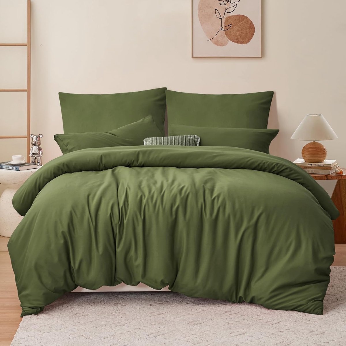Beddengoed 200x200 Groen 3-delig - Olijfgroen Microvezel Beddengoedset Oeko-TEX, Dekbedovertrek 200 x 200cm + 2 Kussenslopen 80x80cm met Ritssluiting, Zacht en Niet-ijzeren