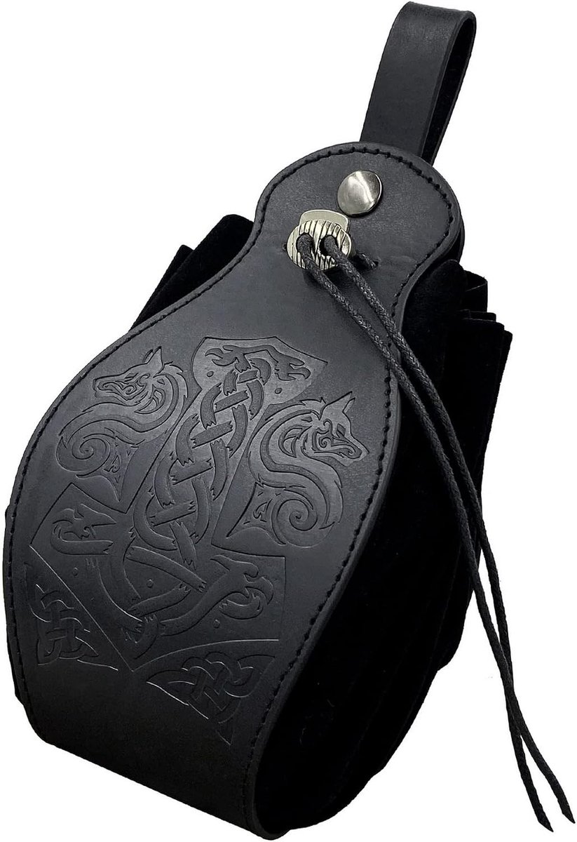 Viking Riemtasje Zwart Kunstlederen Riemtasje Retro Draagbaar Koordtasje Renaissance Dobbelsteentasje voor LARP Cosplay