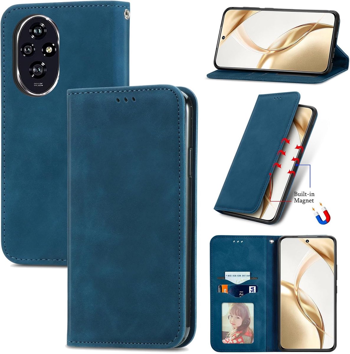 Case voor Honor 200 hoesje, Premium Lederen Flip Wallet Case met Kaartenvakken en Horizontale Standfunctie Magneet Coque Cover Beschermhoesje voor Honor 200, Blauwgroen