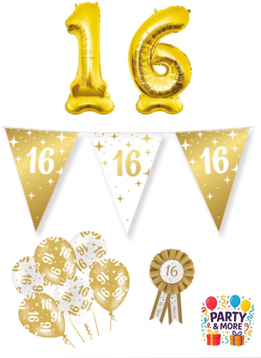 Party & More - 16 jaar - Luxe Gouden Feestdecoratie Set – Compleet Pakket – versiering