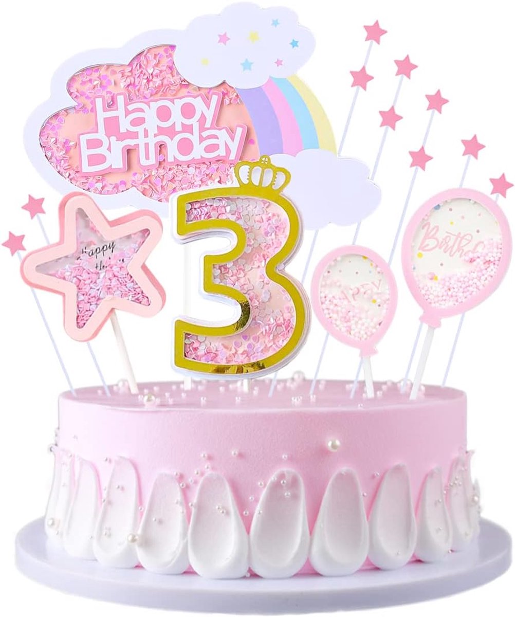 3e verjaardag taartdecoratie meisjes 3e verjaardag taarttopper regenboog wolken Happy Birthday taartdecoratie sterren ballon taarttoppers voor kinderen verjaardag - roze