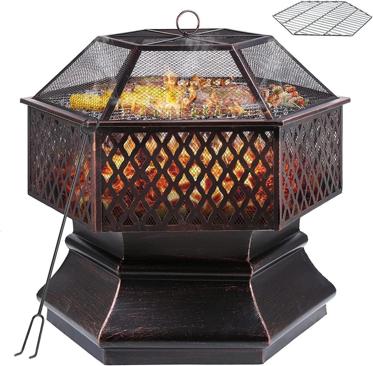 Zeshoekige Vuurschaal - Buitenhaard Grill - Gezellige Avonden - Inclusief Grillrooster - 66x66x63 cm - Zwart