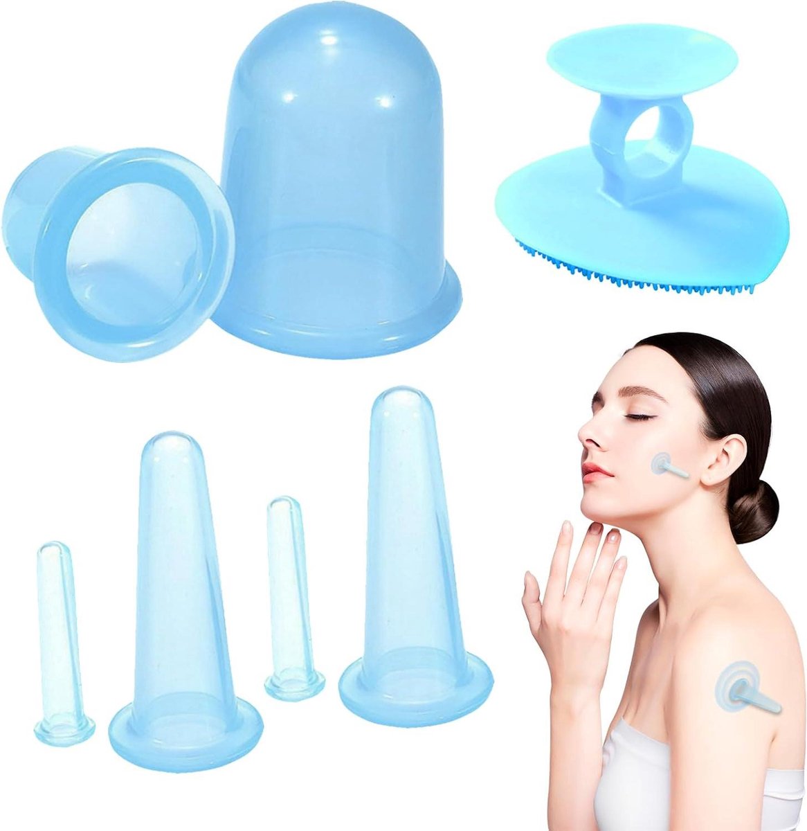 Silicone Cupping Set - Zuignappen Massage - Huidverbetering Gezicht - Zonder Pomp - 7 Delig - Blauw
