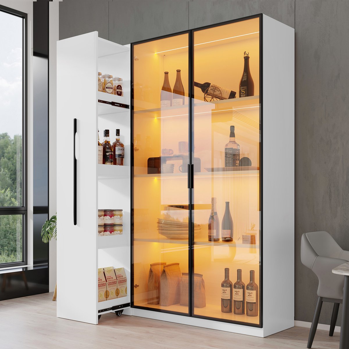 Sweiko Vitrinekast - Boekenkast - Badkamerkast - Glazen deuren - LED-verlichting - 110.5 × 35 × 160 cm - Wit