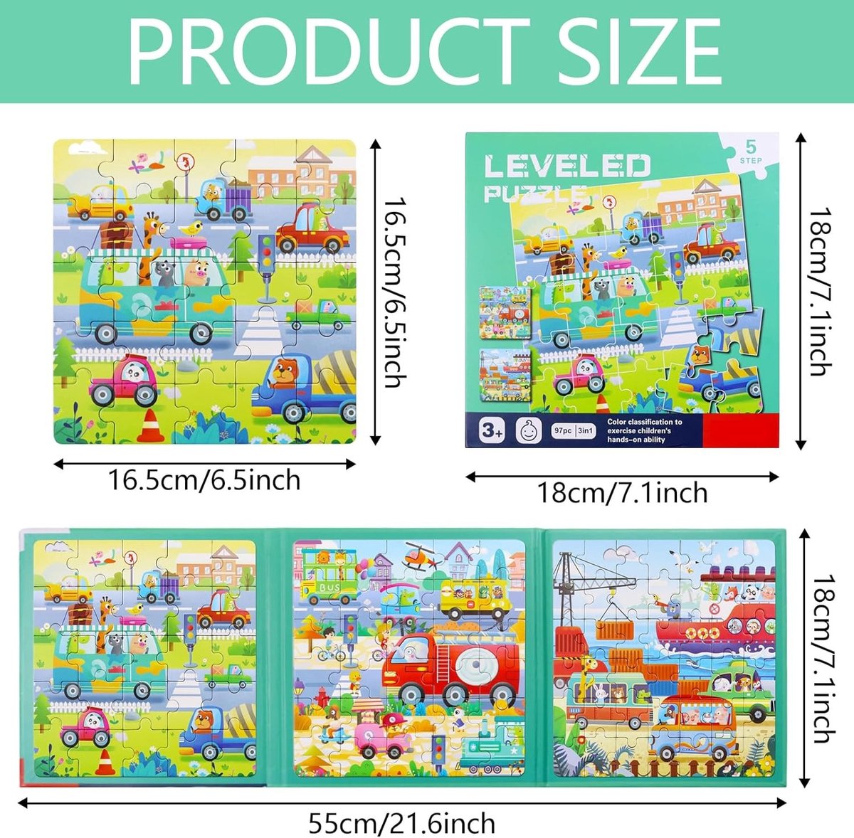 3-in-1 Magnetisch Puzzelboek voor Kinderen - 25-30-42 Stukken, Ideaal voor Auto- en Vliegtuigreizen vanaf 3 Jaar