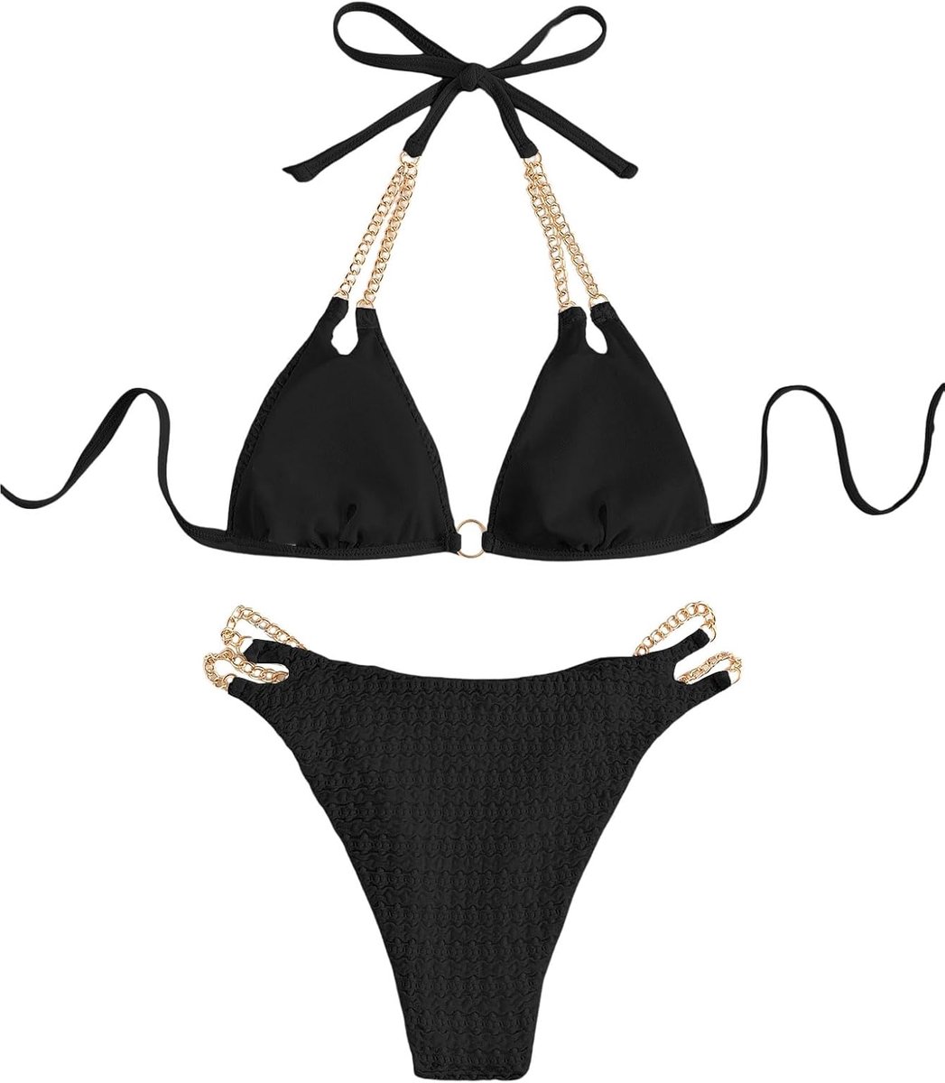 Bikini voor dames, met ketting, driehoekig, tweedelig badpak, bikini met ring, halterbikini