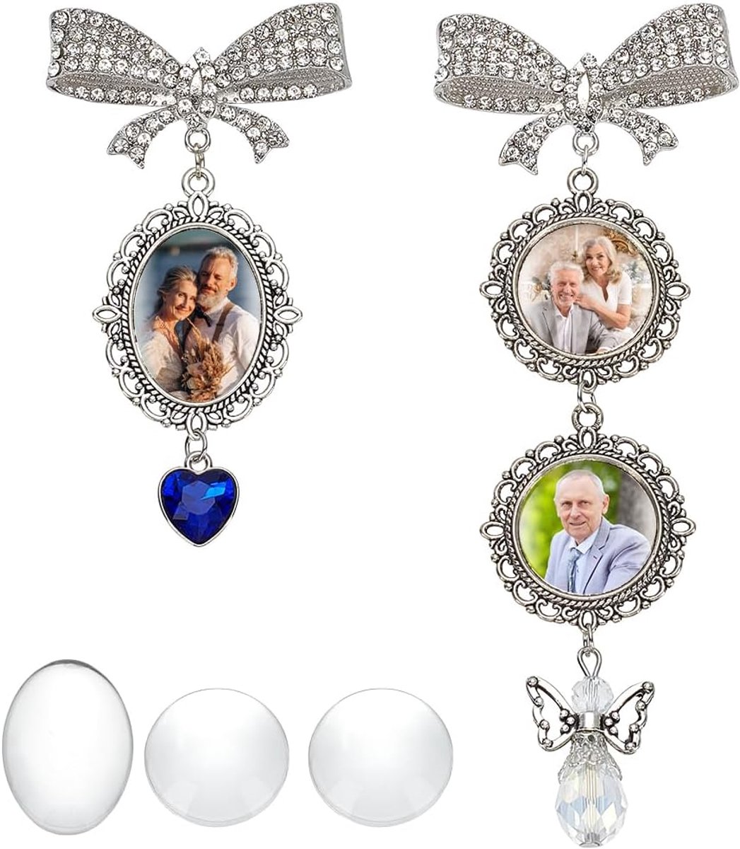 2 Stijlen Strass Boog Broche Pin met Foto Hanger en Hart Charms Memorial Pins voor Bruiloft, Boeket Charm Decoratieve Pins voor Bruiloft Memory Bruid Bruidegom Kleding Decor Verjaardag