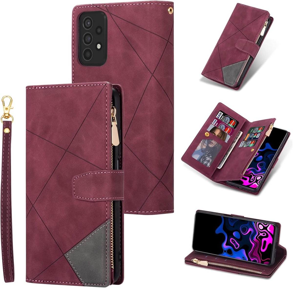 Portemonneehoesje voor Samsung Galaxy A53 5G, vintage premium PU-lederen flip case met kaartsleuven magnetische sluiting rits zak standaard handtas met handriem - diamant rood