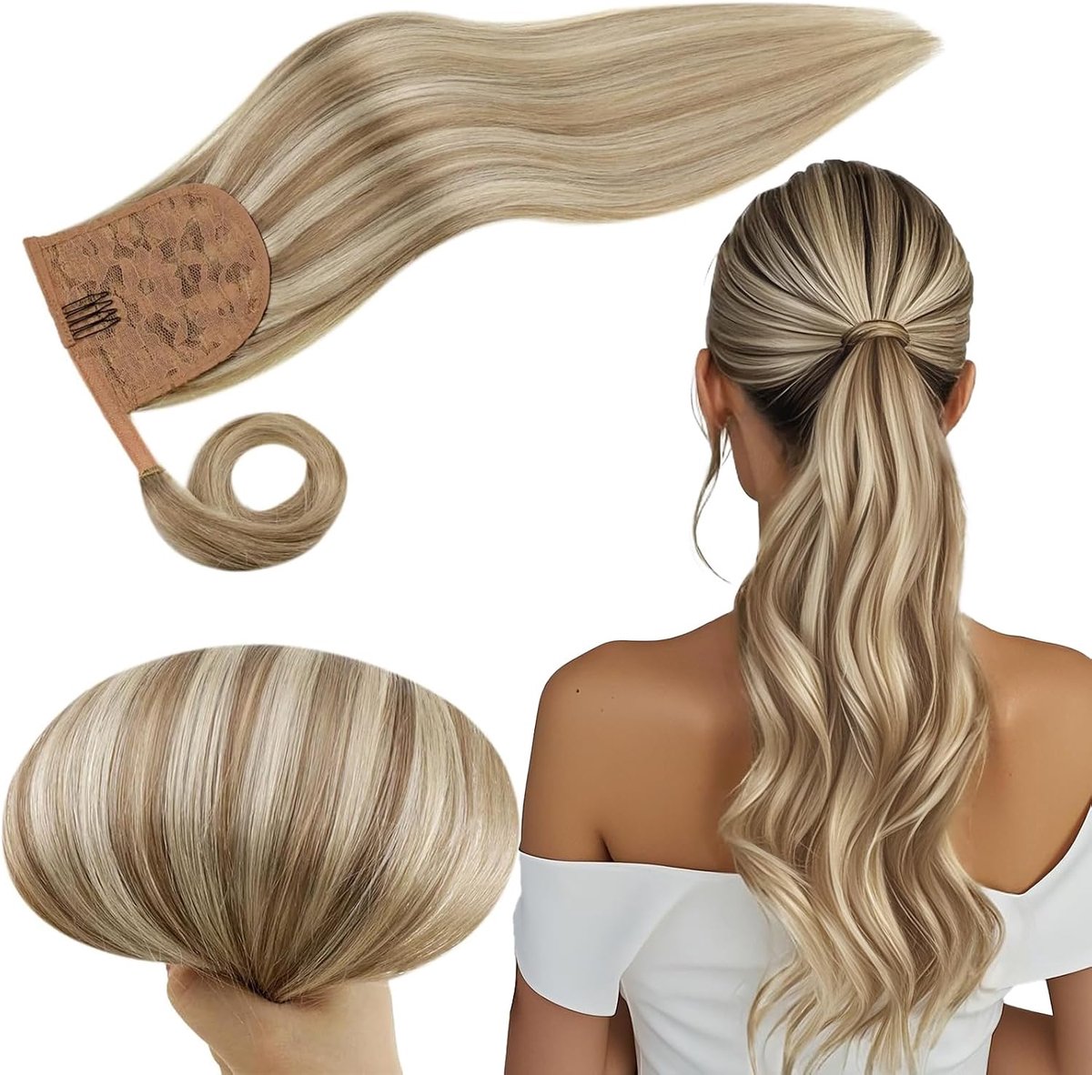 Paardenstaart Extensions Echt Haar Ash Brown met Platina Blond 12 Inch 70g #8P60