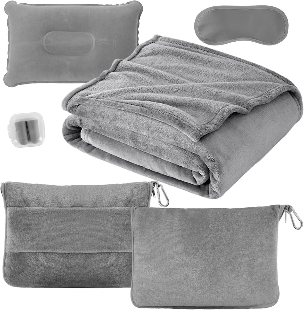 3-in-1 opvouwbare reisdeken, zachte en warme reisdeken voor vliegtuig en auto, draagbaar opblaasbaar vliegtuigkussen met hoes, bagagehoes, rugzakclip, oogmasker en oordopjes (grijs)