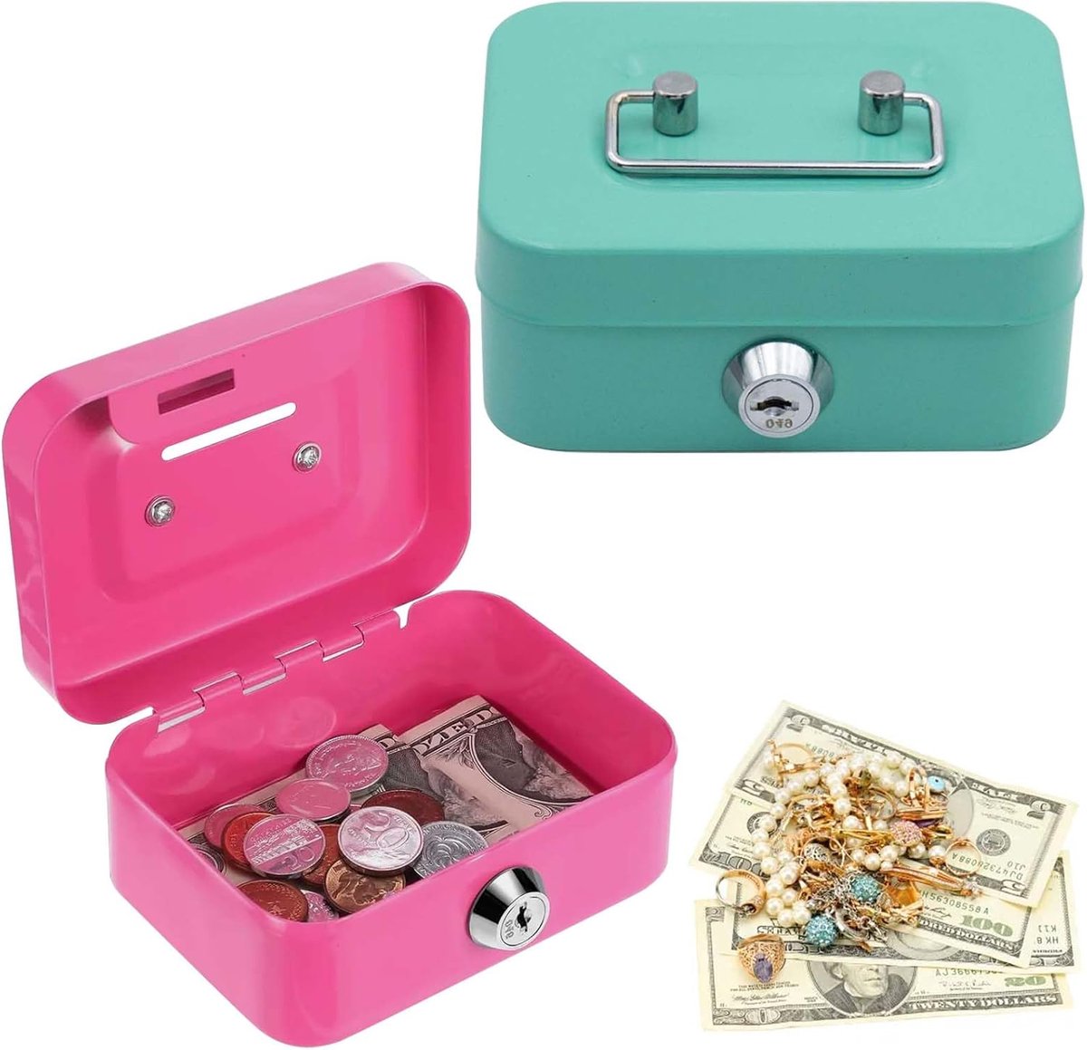 2 stuks geldcassette, klein, 11,5 x 8,5 x 5 cm, kleine kluis, elke geldcassette voor kinderen met 2 sleutels, afsluitbaar, geschikt voor kluis, geldkassa en geldkassa (groen + roze)