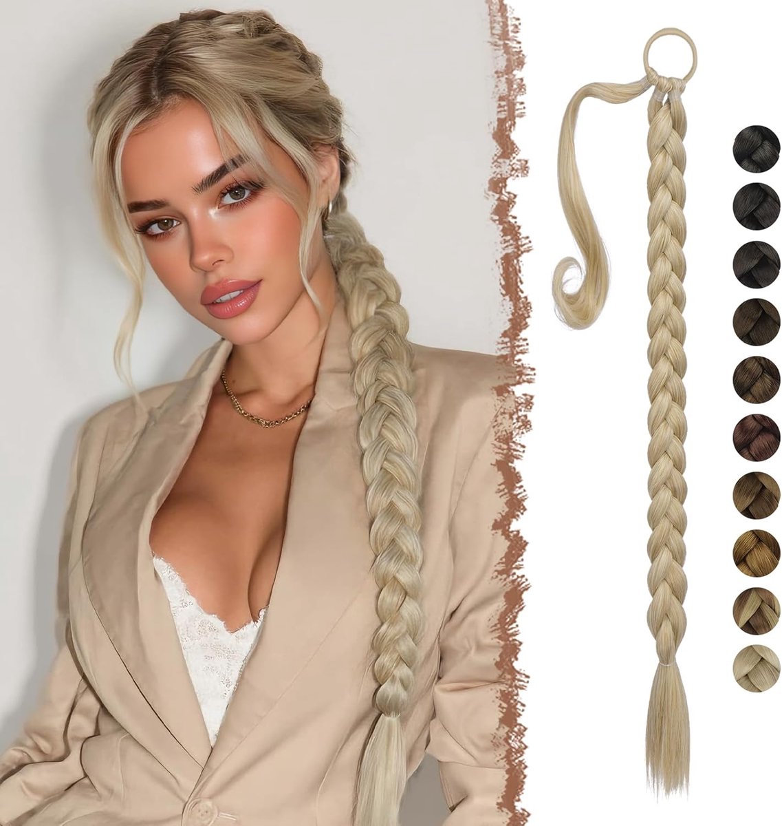 Paardenstaart Extensions met Haarelastiek, 65 cm Lange Donkerblond Ponytail Extensions Gevlochten Haarstukje Synthetische Haarverlenging Paardenstaarten Extensie voor Dames Vrouwen