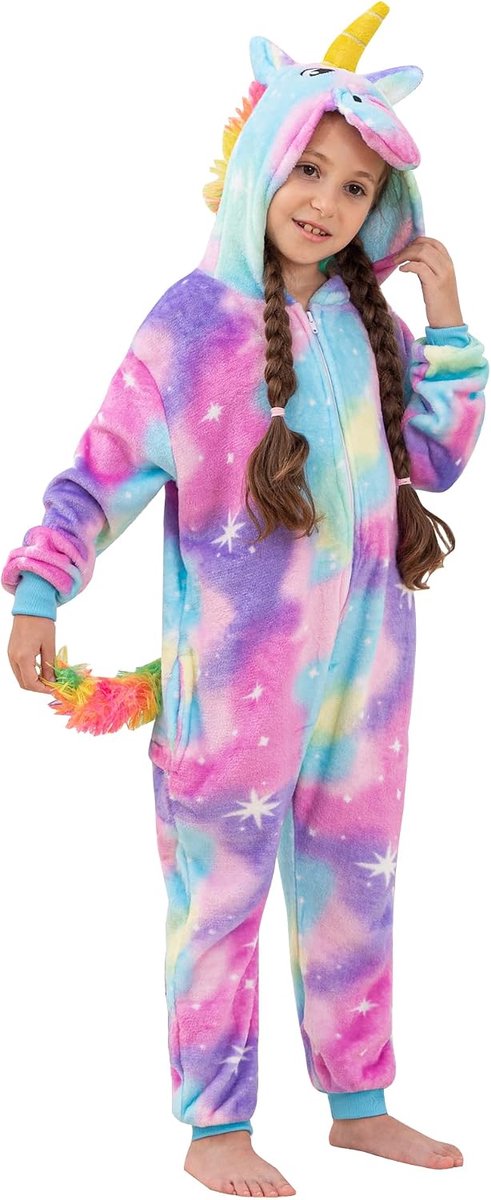 Meisjespyjama, eenhoorn-kostuum, 2-10 jaar, 6 kleuren, eendelig, fleece, flanel, met capuchon