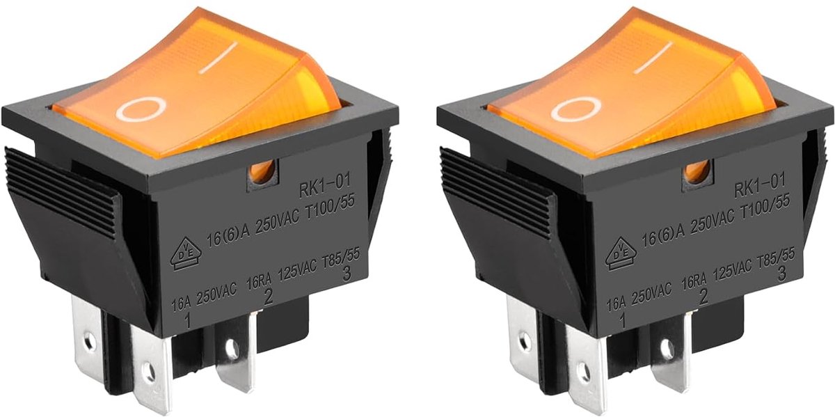 Schakelaar ON-OFF DPST 4 Terminals Geel licht 16A 250VAC 2Pack