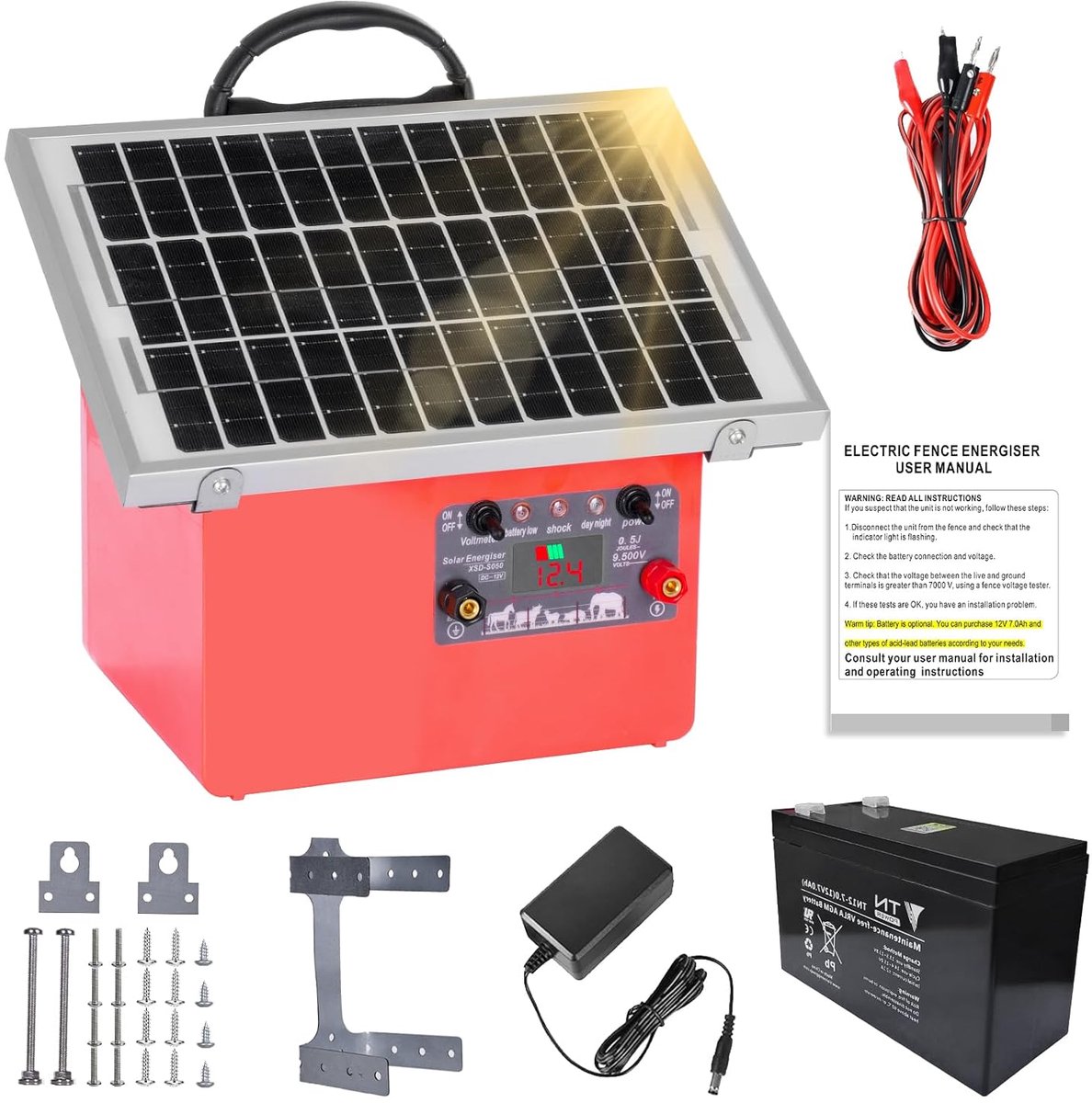 Omheining zonne-energie elektrische omheining, 9,5 kV elektrische herdershond controller voor paarden, elektrische omheining 0,5 J voor het fokken van herdersdieren, voor boerderij