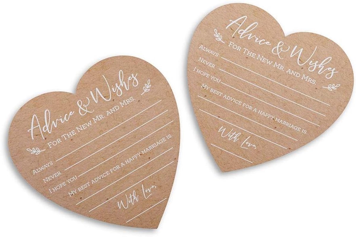 Aspen Huwelijksadvies en wensen voor de heer en mevrouw - Hartvormige kaarten (Set van 50) Rustiek kraftpapier