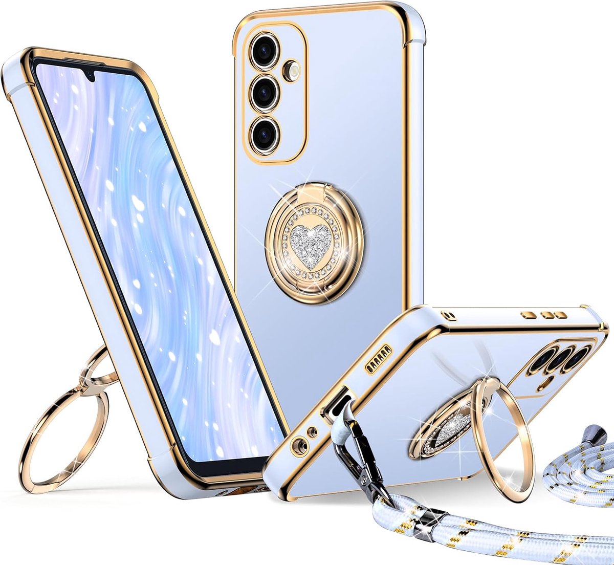 Hoes met koord, voor Samsung Galaxy A14 4G/5G, hart dubbele ring standaard, telefoonhoes met koord, voor vrouwen en meisjes, dun, stootvast, krasbestendige beschermhoes voor Samsung A14 4G/5G