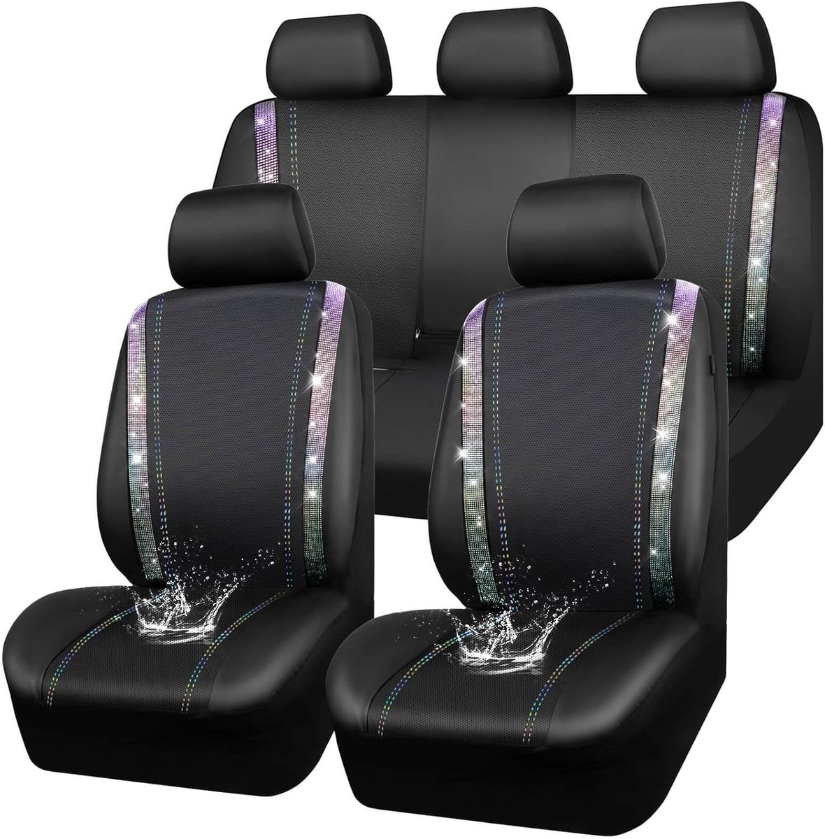 Bling autostoelhoezen volledige set, glanzende strass diamant waterdicht kunstleer, achterkant met rits, universele pasvorm 95% automotive glitter kristal sprankelende strips voor schattige