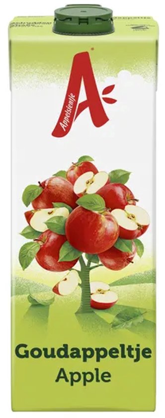 Appelsientje Goudappeltje Pak met een logo van de letter A, een boom met appels en de tekst "Goudappeltje Apple".