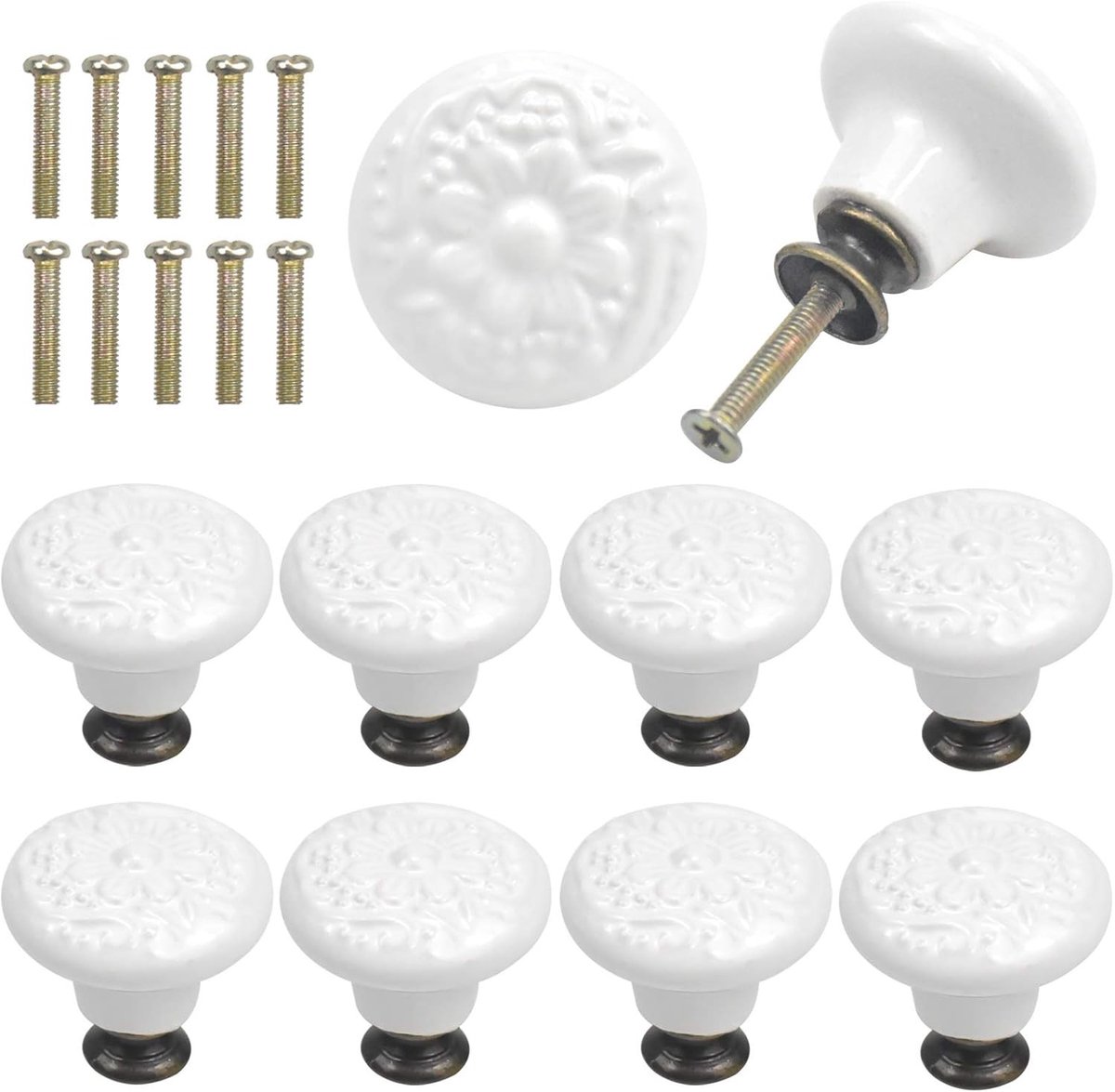 Set van 10 Vintage Deurklinken met Keramische Handgrepen - 34mm Ronde Ladeknoppen voor Meubels, Keuken en Kinderkamer