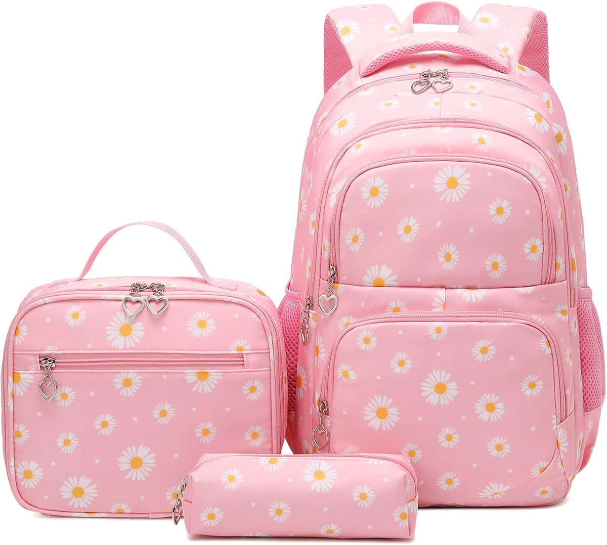 Rugzak Set - Madeliefjes Bedrukte Schoolrugzakset met Lunchtas en Etui - 3-delige Set - Waterbestendig - Voor Tieners, Meisjes en Jongens - Roze
