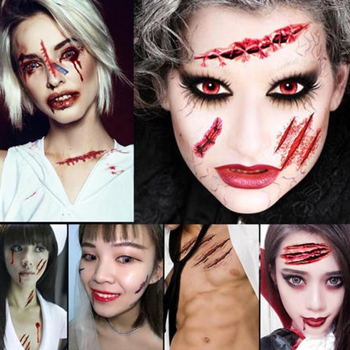 Halloween Tattoos voor Kostuums - 10 Bladen met Duivels, Zombies, Vampiers en Heksen - Creepy Gezichts Tattoos voor Volwassenen en Kinderen, Wonden, Littekens en Nepbloed
