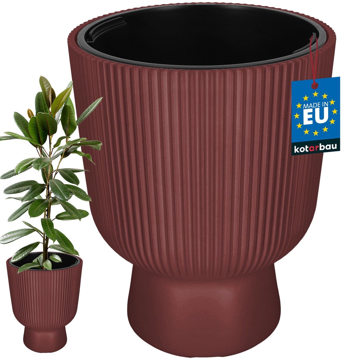 KOTARBAU® Bloempot - Plantenpot Ø 39 cm - met Binnenpot - Geribbelde Plantenbak - Plantenpot met Voet - Plantenbak - Kunststof - H: 49 cm - Marsala