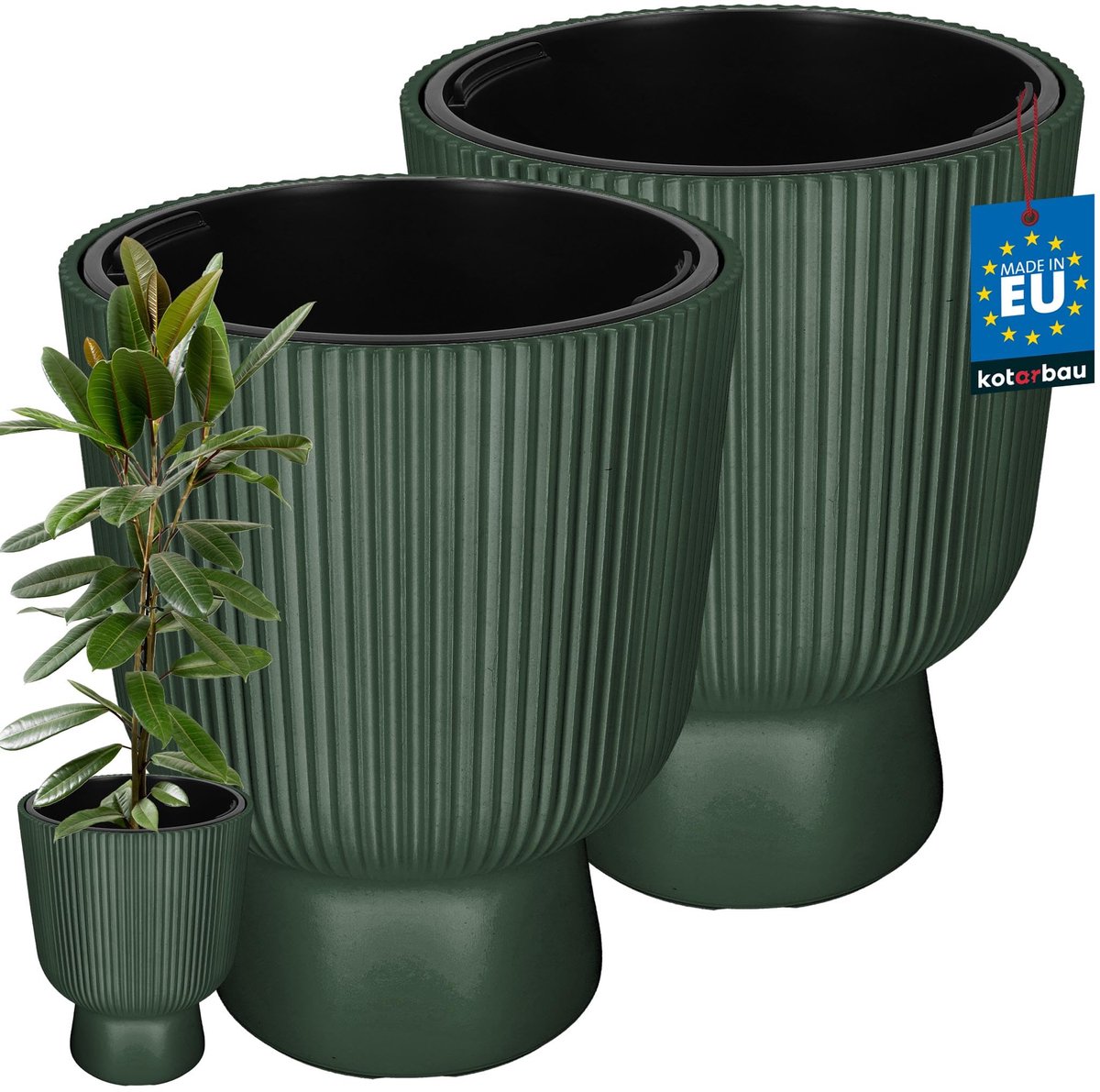 KOTARBAU® 2 Stuks - Bloempot - Plantenpot Ø 39 cm - met Binnenpot - Geribbelde Plantenbak - Plantenpot met Voet - Plantenbak - Kunststof - H: 49 cm - Groen