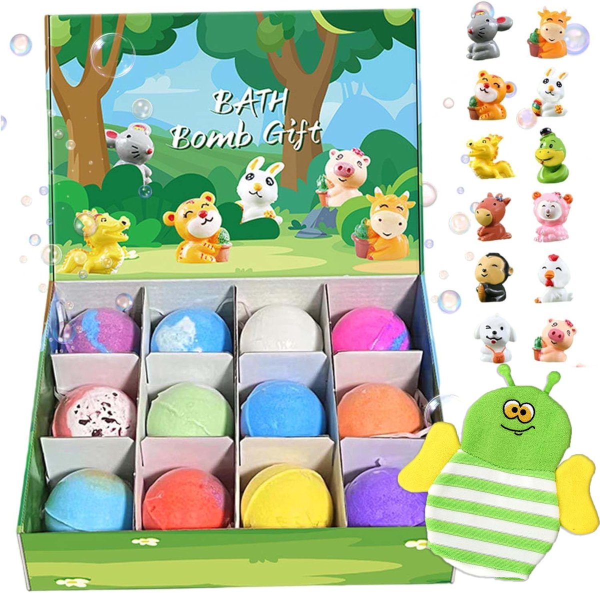 Sogiol® Bruisballen Set van 12 met Speelgoed - Badbommen Cadeauset voor Kinderen - Een badhandschoen - Schuimende Bubbelbad Bollen